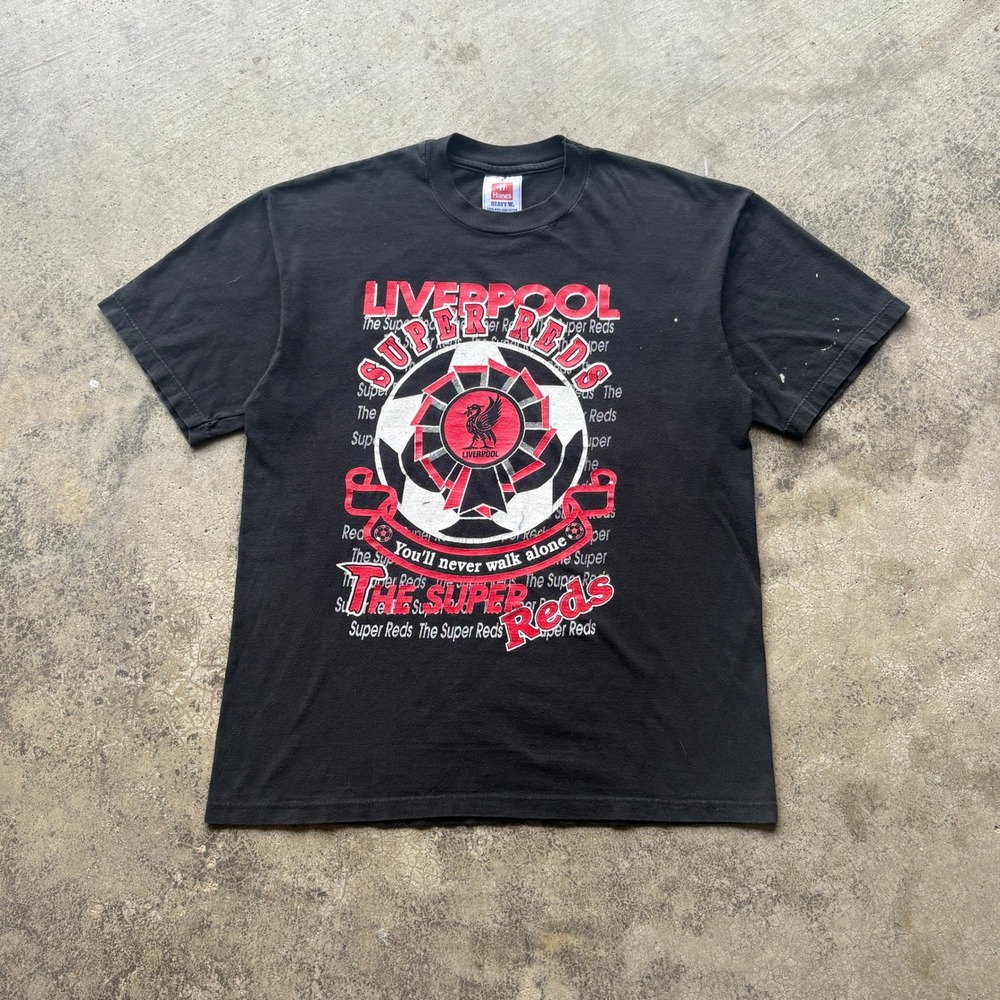 Vtg Hanes Liverpool FC Graphic Tee Mens L Black Good Y2K Super Reds Soccer